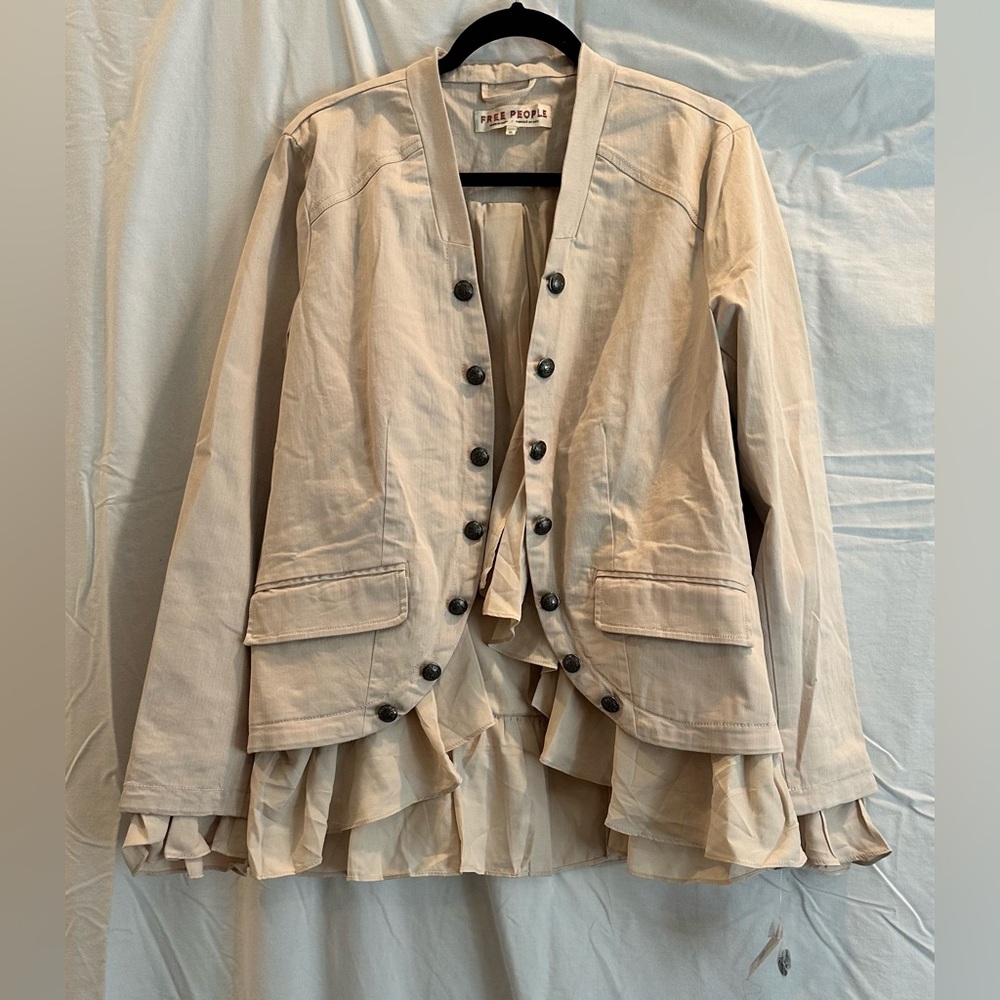 Free People Beige Ruffle Hem military jacket